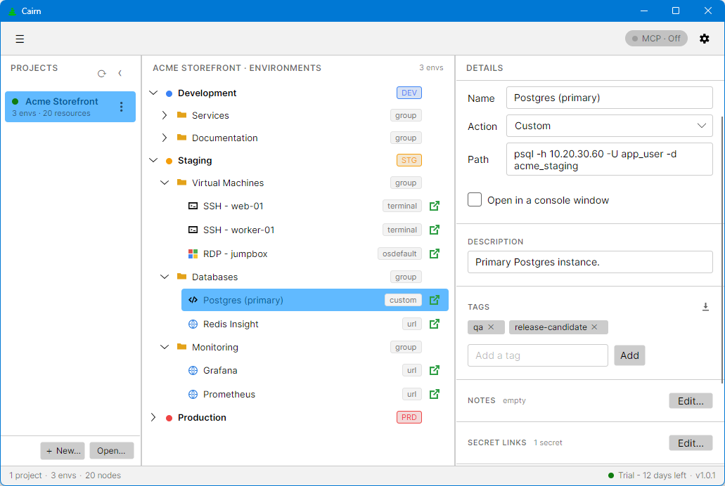 Cairn main window — projects list, the Development / Staging / Production environment tree expanded, and the details panel for a resource